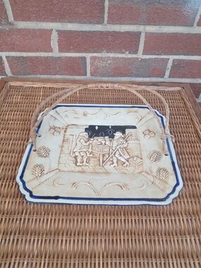 Vintage Ceramic Hot Plate Trivet w/ Wicker Handle – Dutch Scene White Farm